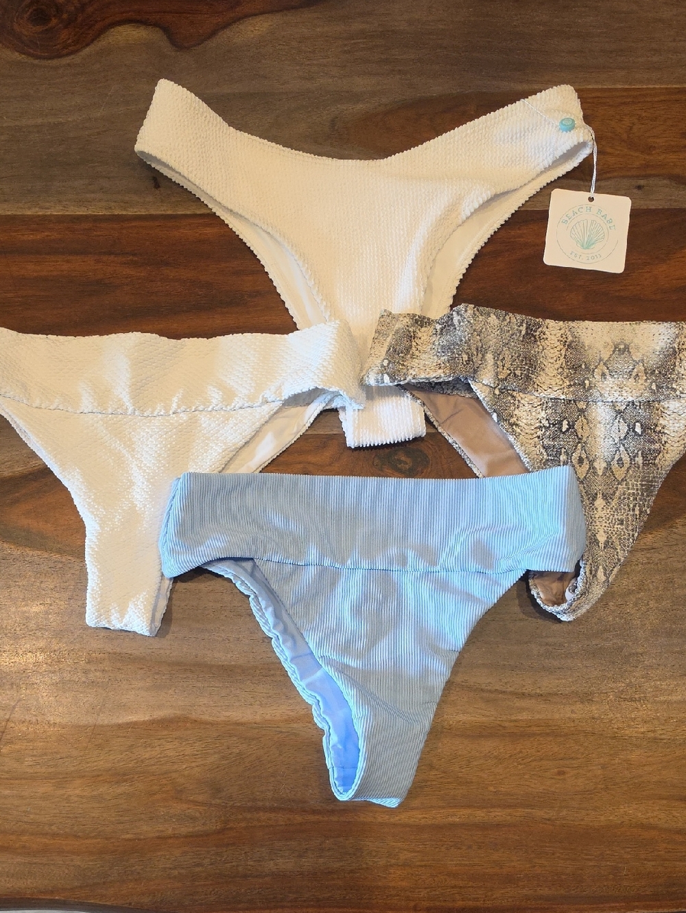 BEACH BABE SWIM WEAR- pack of 4 Bikini Bottoms - White, Light Blue, Snake Print